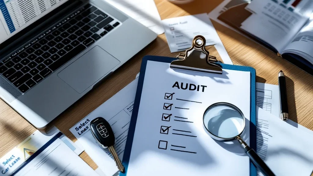 Moderne kantoorbureau met laptop, auditdocumenten, checklist op klembord en autosleutel van Select Car Lease