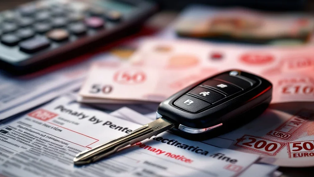 Autosleutel op boetedocumenten met rode stempels, eurobiljetten en rekenmachine op achtergrond