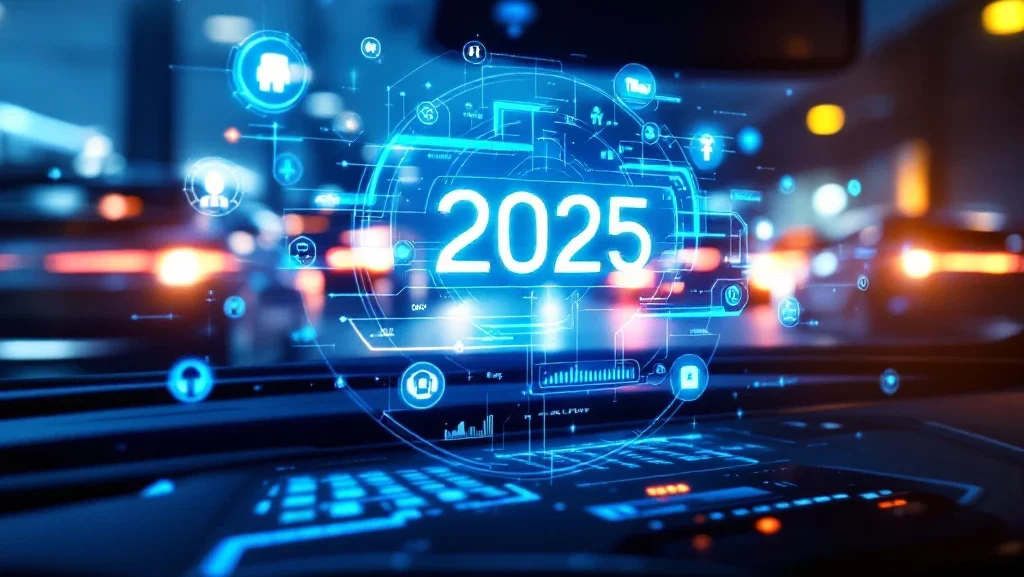 Futuristisch autodashboard met holografische displays toont "2025", AI-symbolen en connectiviteitsiconen in blauw licht