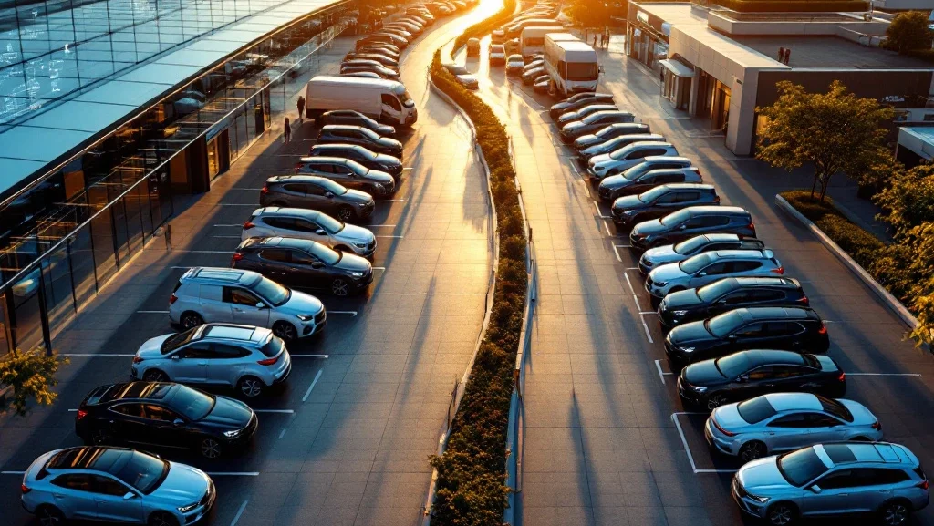 Luchtfoto van moderne autodealership met georganiseerde rijen auto's, glazen gebouwen en digitale interface-elementen