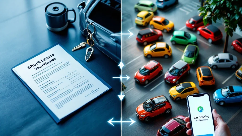 Vergelijking tussen shortlease auto met sleutels en documenten versus kleurrijke deelauto's met smartphone app interface