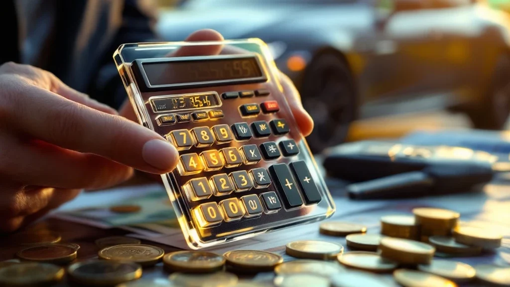 Handen houden transparante rekenmachine met besparingscijfers, autosleutels en euro's op achtergrond voor autofinanciering