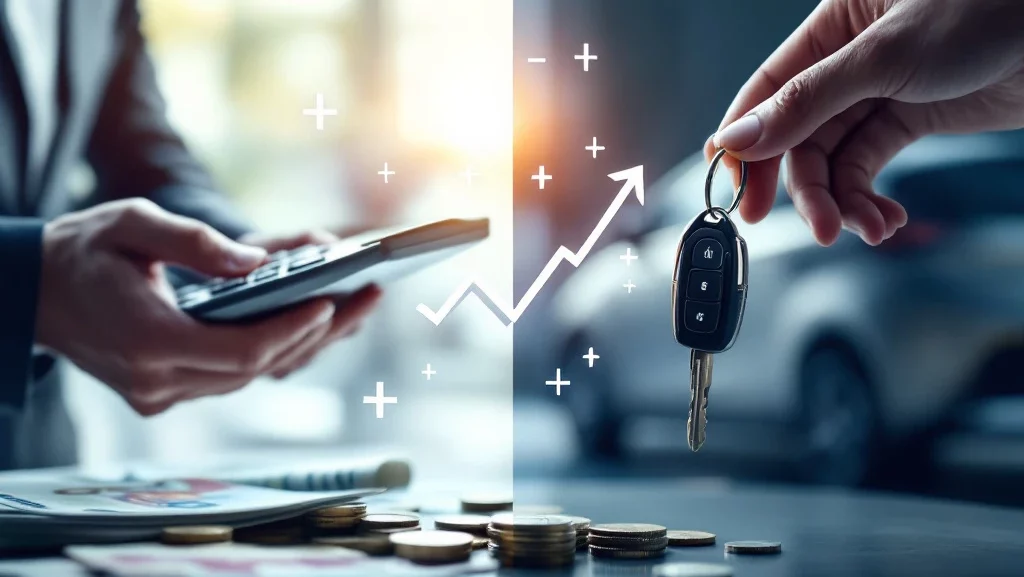 Zakenman berekent autokosten met rekenmachine, eurobiljetten en autosleutel bij moderne auto voor budgetplanning