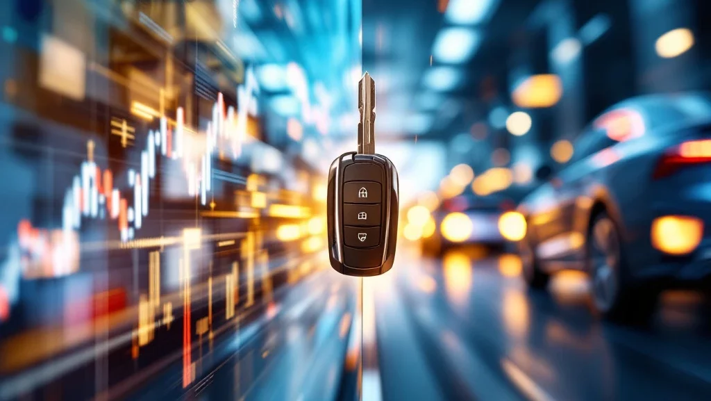 Gesuspendeerde autosleutel tussen euro bankbiljetten en stijgende grafieken links, moderne voertuigen rechts in blauw-zilver tinten