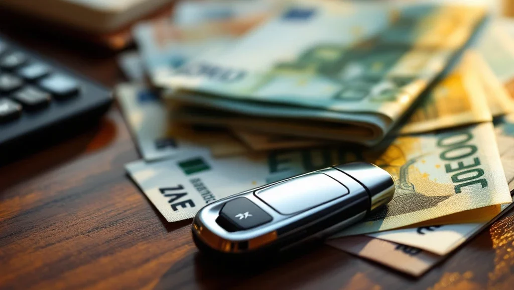 Euro bankbiljetten uitgewaaierd onder moderne autosleutel op mahoniehout bureau met calculator en financiële documenten