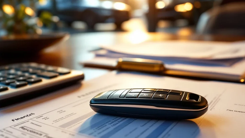 Moderne autosleutel op houten bureau met financiële documenten, calculator en belastingformulieren in professioneel kantoor