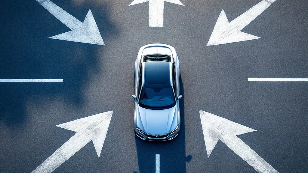 Moderne auto op kruispunt met richtingspijlen op asfalt, bovenaanzicht met zonlicht en schaduwen