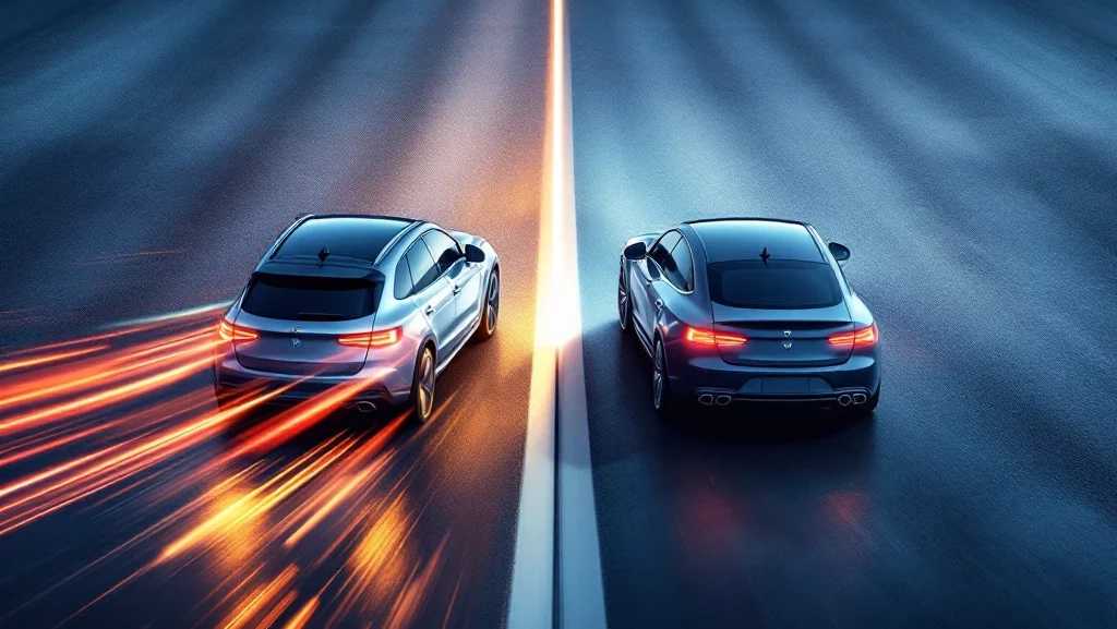 Twee moderne auto's op asfalt: links lease-auto met bewegingseffect, rechts abonnement-auto statisch, blauw-zilveren verlichting