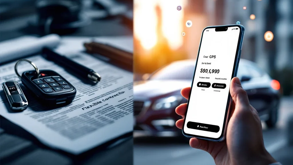Smartphone met autoverhuur-app naast traditionele autosleutels en documenten, luxe sedan op achtergrond