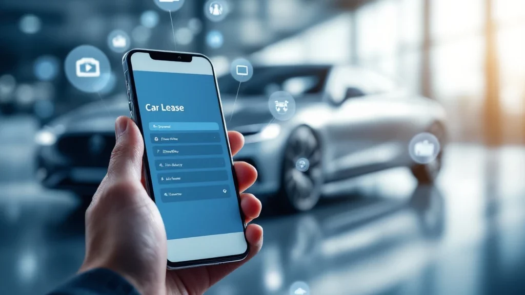 Handen houden smartphone met auto lease applicatie, zilveren auto op achtergrond, digitale iconen voor snelheid en service