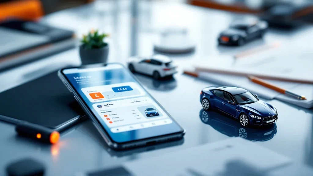 Smartphone en tablet met auto-apps op bureau naast luxe automodellen en leasedocumenten in professionele setting