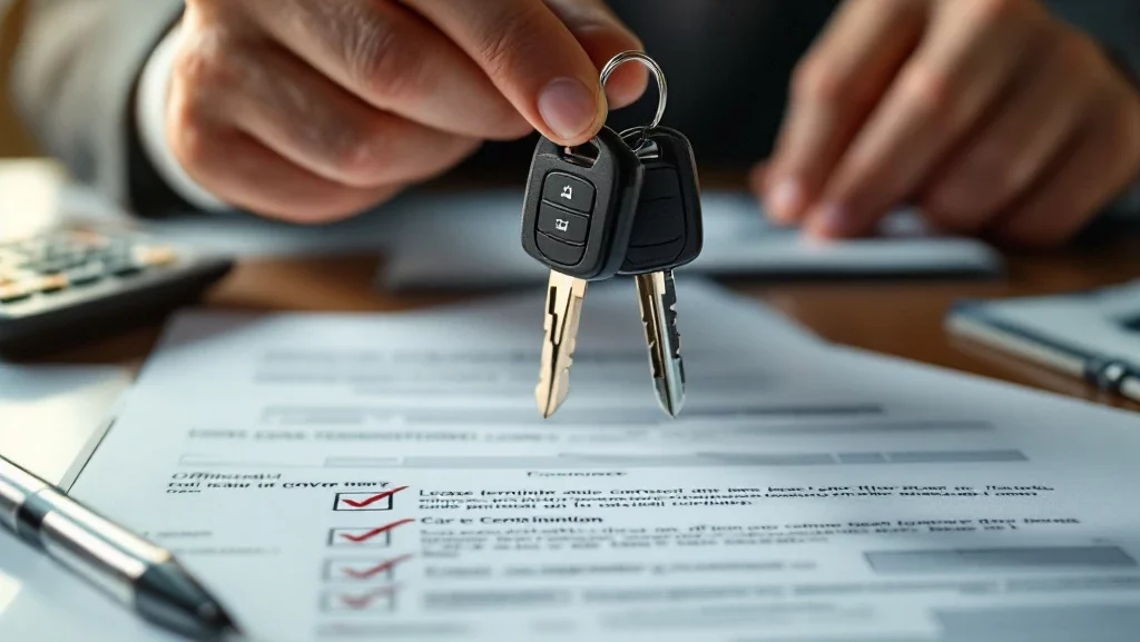 Handen houden autosleutels boven lease-opzeggingsdocumenten op bureau met calculator en pen
