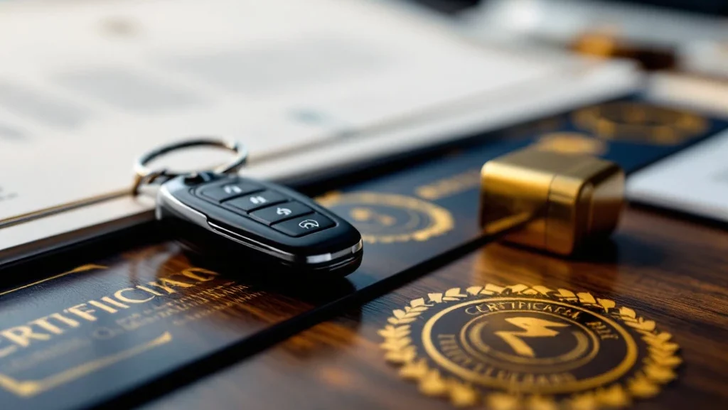 Officiële certificeringsdocumenten en badges op houten bureau met autosleutel en luxe automodel op voorgrond