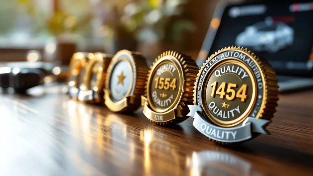 Gouden en zilveren certificeringsbadges voor autoleasing op houten bureau met autosleutels en tablet op achtergrond