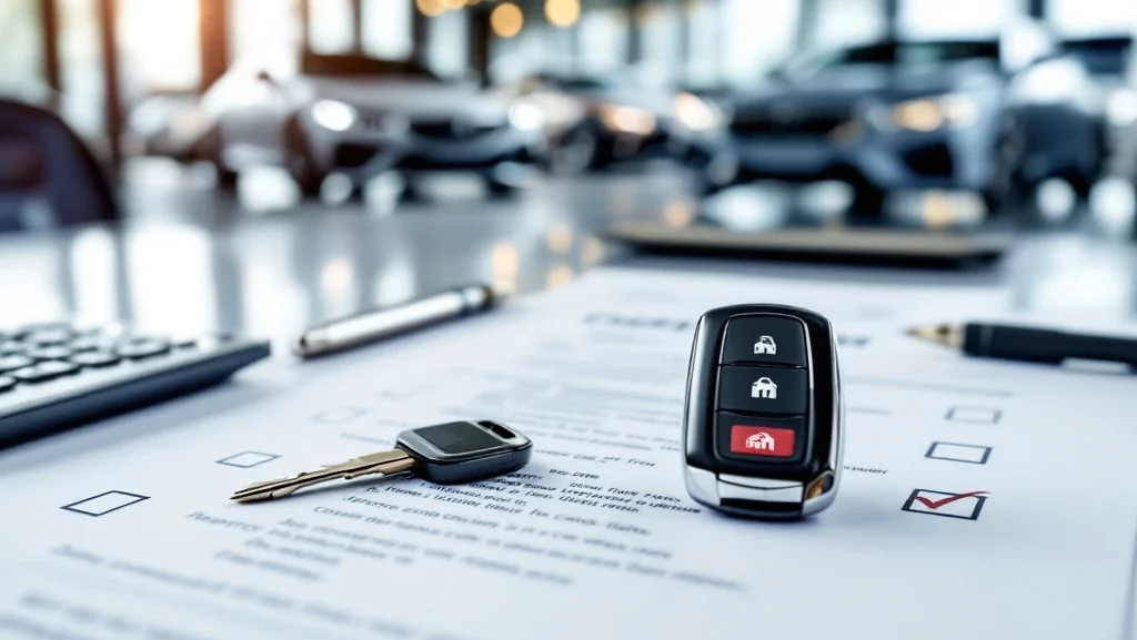 Select Car Lease autosleutel op contractdocumenten met calculator en pen, luxeauto's op achtergrond