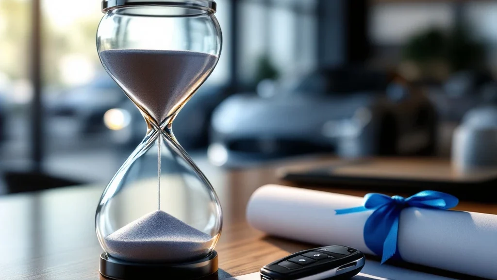 Zandloper naast autosleutel en contract op houten bureau met luxe auto's op achtergrond, automotive leasing concept