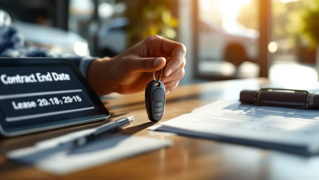 Autosleutels op houten bureau naast leasedocumenten en tablet met contracteinde, witte auto op achtergrond