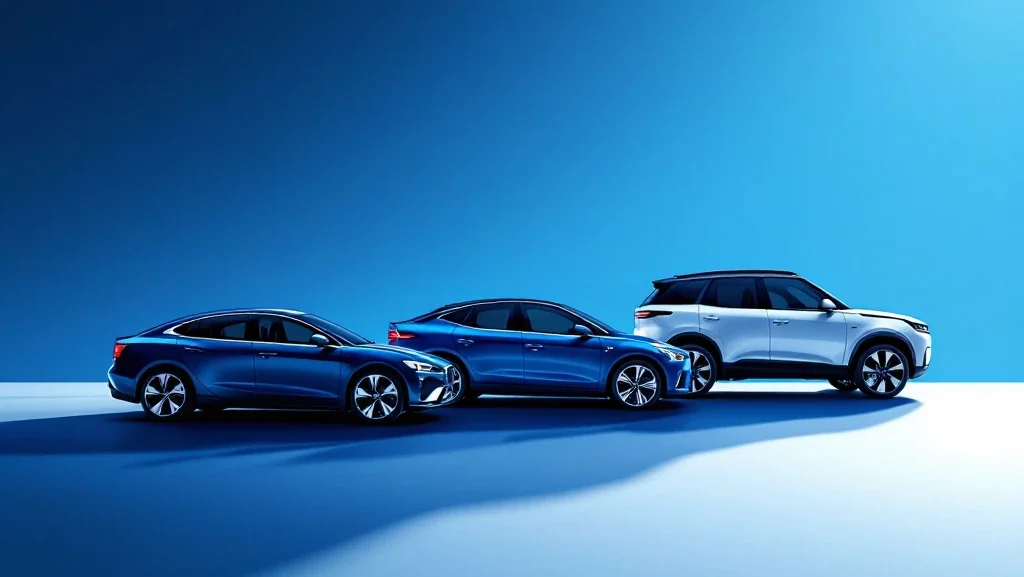 Drie auto silhouetten in oplopende formatie van stadsauto tot elektrische SUV tegen blauwe gradiënt achtergrond