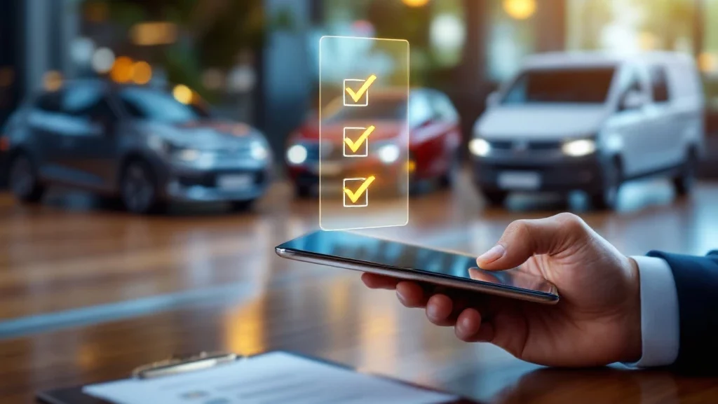 Zakenman houdt tablet met auto-selectie interface boven bureau, drie voertuigen op achtergrond voor lease-keuze