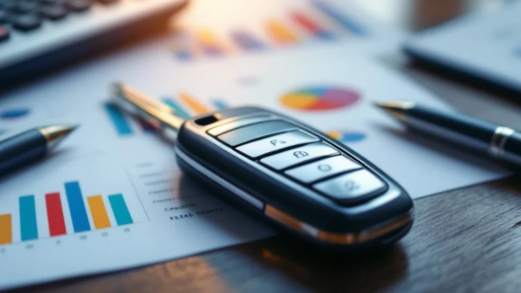 Autosleutel op financiële documenten met kredietscores en grafieken, calculator en pen op houten bureau