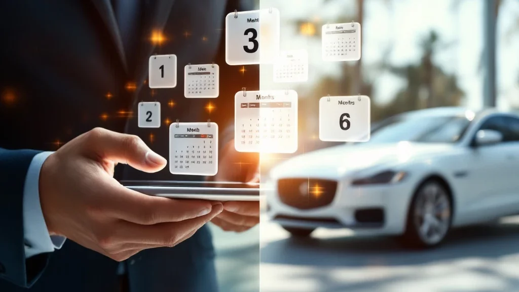 Zakenman houdt tablet met digitale agenda naast witte luxe sedan, kalenderopties zweven tussen beide zijden