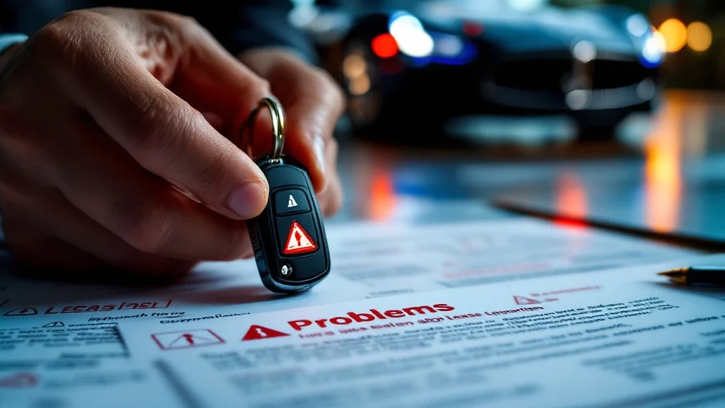 Handen houden autosleutel met waarschuwingssymbool boven lease documenten met rode stempels en waarschuwingstekens
