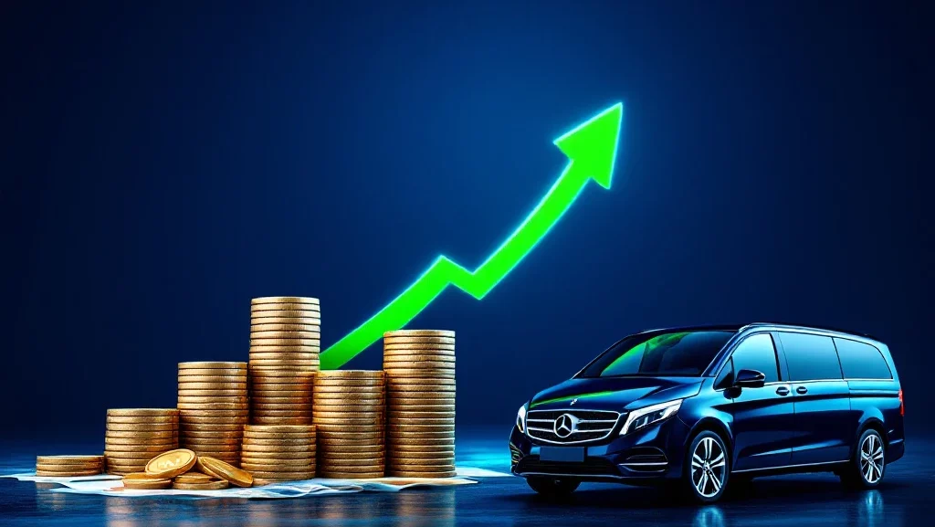 ROI-visualisatie voor autoleasing: gouden munten in grafiekvorm, moderne bedrijfsauto's en groene stijgende pijl