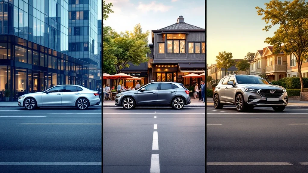 Drie auto leasescenario's: zakelijke sedan in zakendistrict, stadsauto bij cafés, en familie-SUV in woonwijk