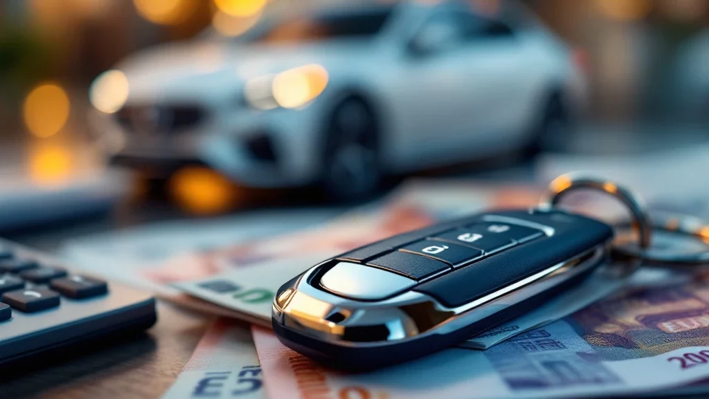 Moderne autosleutel op eurobiljetten met luxe sedan op achtergrond, calculator en kalender voor lease berekeningen