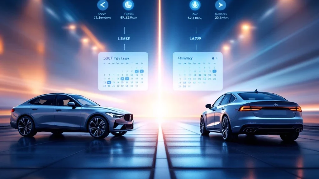 Split-screen vergelijking van korte en lange autolease opties met moderne en zakelijke voertuigen in blauw-zilver tinten
