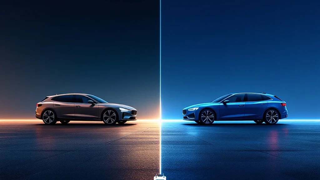 Twee moderne auto's op asfalt met korte en lange lease tijdlijnen, dramatische gouden en blauwe verlichting