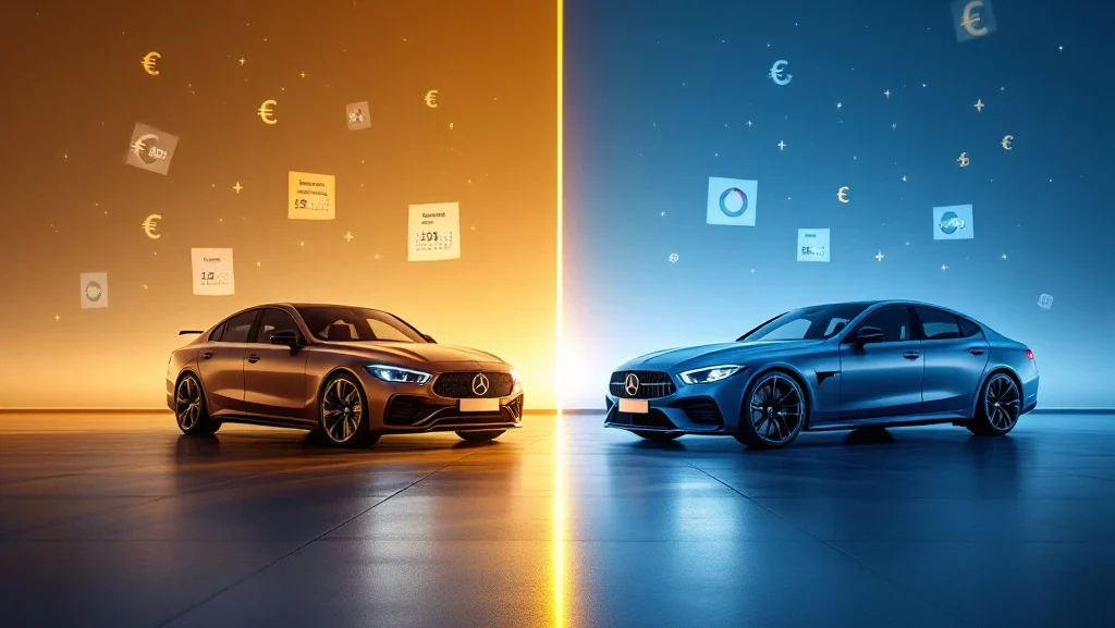 Twee moderne auto's vergelijken korte en lange termijn lease opties met documenten en kostengrafieken op gepolijste vloer