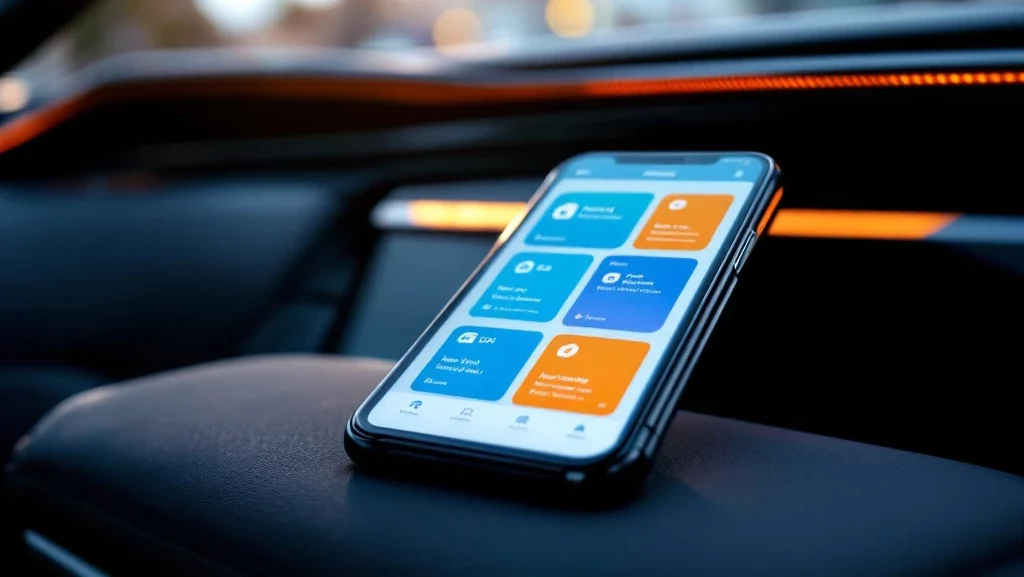 Smartphone met kleurrijke verhuur-apps op autodashboard, premium interieur met leren stoelen op achtergrond