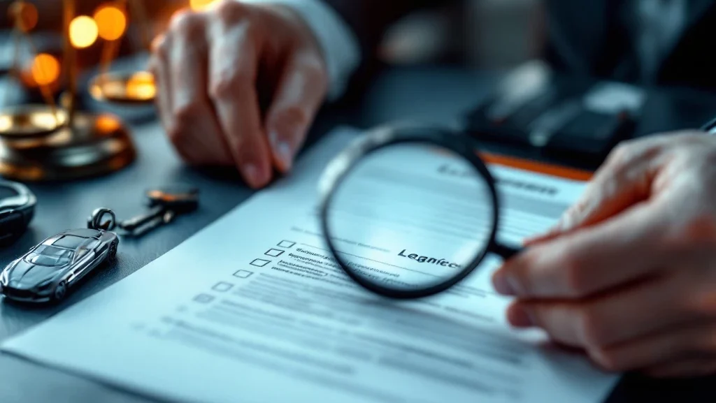 Handen met vergrootglas onderzoeken autoleasingcontract op bureau naast autosleutels en speelgoedauto
