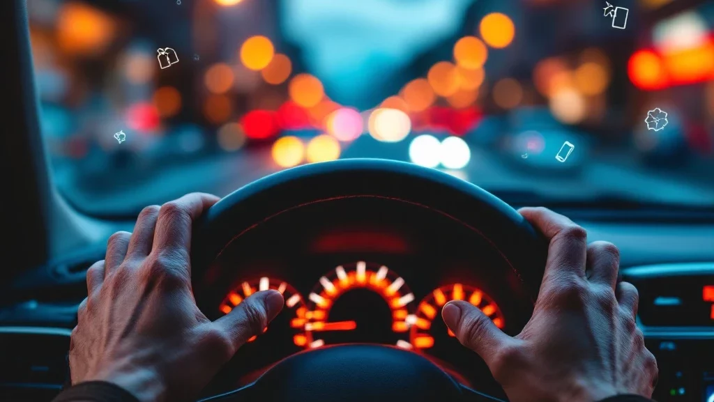 Gefrustreerde handen grijpen autostuur vast met rode waarschuwingslampjes op dashboard, gestrand in stedelijke omgeving