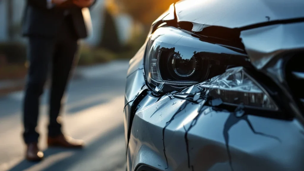 Beschadigde zilveren auto met deuken en krassen aan voorbumper, verzekeringsexpert op achtergrond met klembord