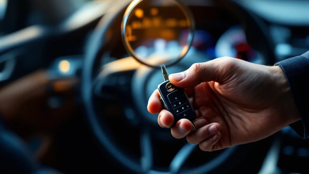 Autosleutel wordt overhandigd tussen twee handen met moderne auto-interieur op achtergrond, inspectie symbool zichtbaar