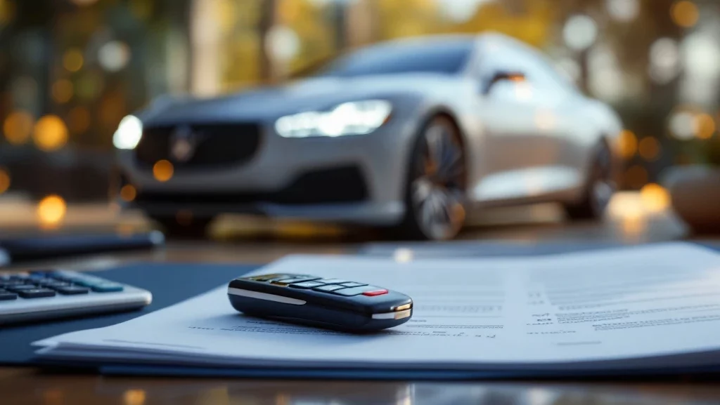 Moderne autosleutel naast open map met contracten, luxe auto op achtergrond, calculator en verzekeringspapieren zichtbaar