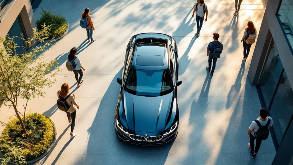 Moderne auto in het centrum van universiteitscampus met studenten die over paden lopen, luchtfoto