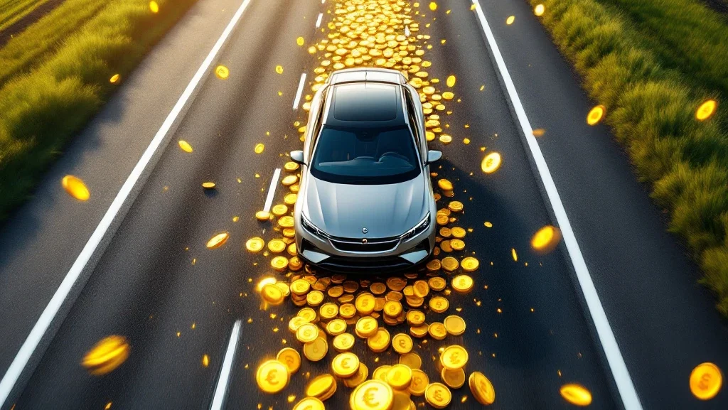 Zilveren auto op Nederlandse snelweg met gouden munten en euro-symbolen die kosten per kilometer visualiseren