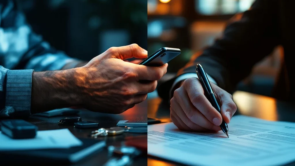 Gefrustreerde persoon met telefoon versus succesvolle handdruk bij auto lease-overeenkomst, moderne auto op achtergrond