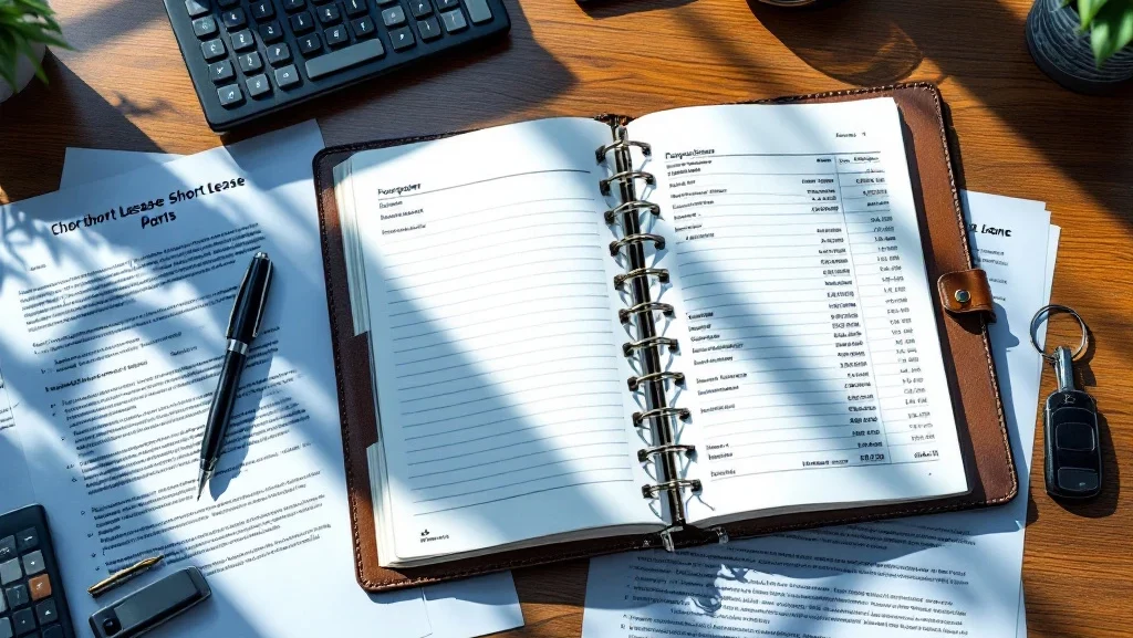 Bovenaanzicht van modern bureau met open financieel grootboek, lease documenten, rekenmachine en autosleutels