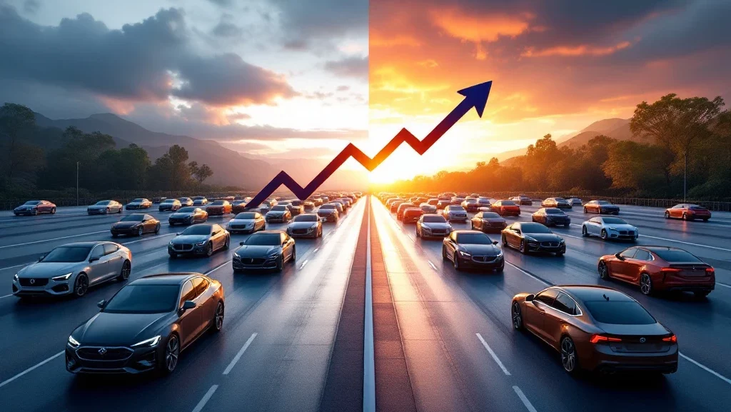 Auto's gerangschikt in oplopende populariteit van 2024 naar 2025, met pijl die groei van korte autolease toont