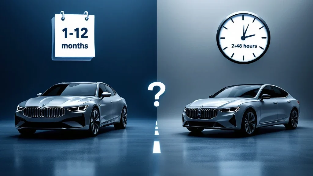 Auto vergelijking: links kortlopende lease (1-12 maanden kalender), rechts autoverhuur (24-48 uur klok), gescheiden door vraagteken