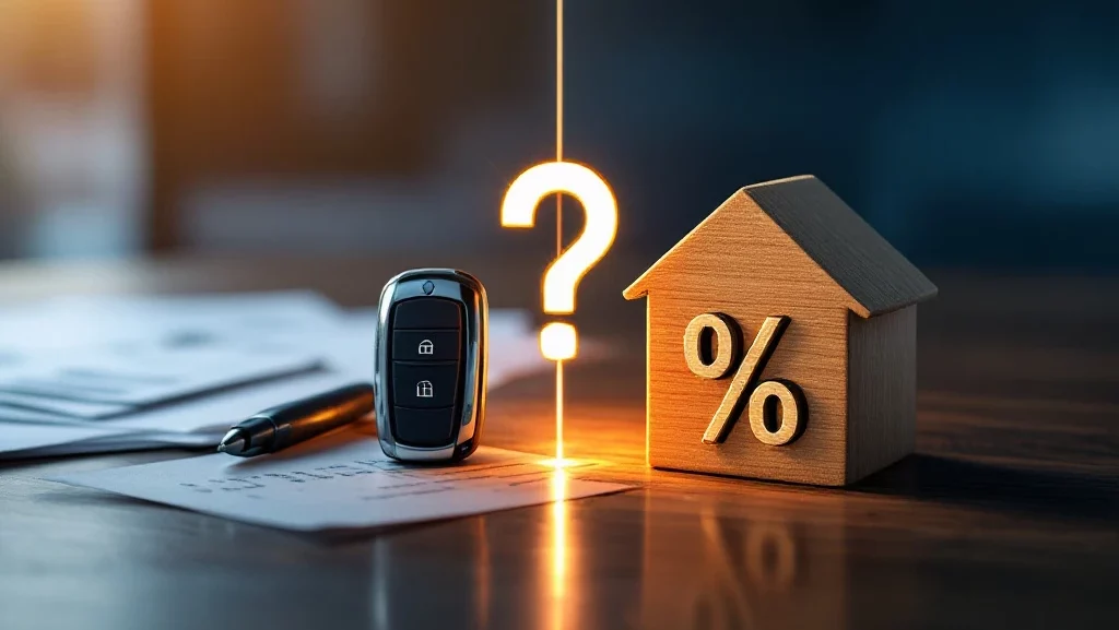 Autosleutel en houten huis met percentage symbool verbonden door lichtgevende vraagteken op donkere houten bureau