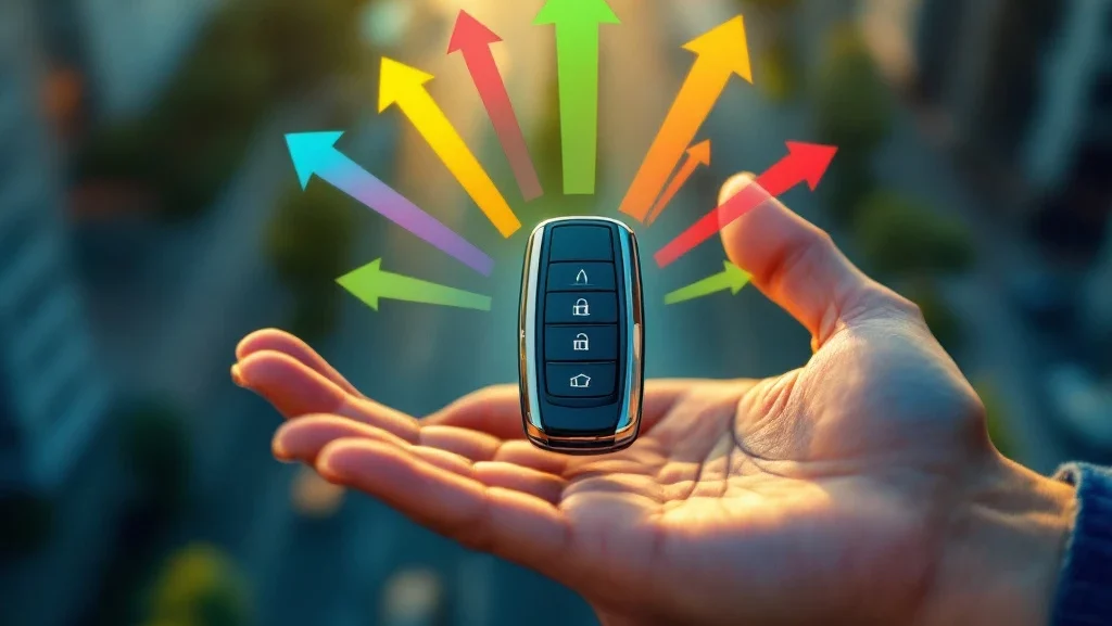 Moderne autosleutel boven open hand met kleurrijke pijlen die flexibiliteit symboliseren, stedelijke achtergrond