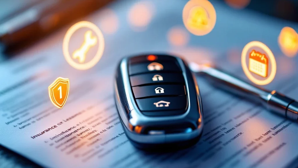 Select Car Lease autosleutel op documenten met zwevende service-iconen voor verzekering, onderhoud en hulp