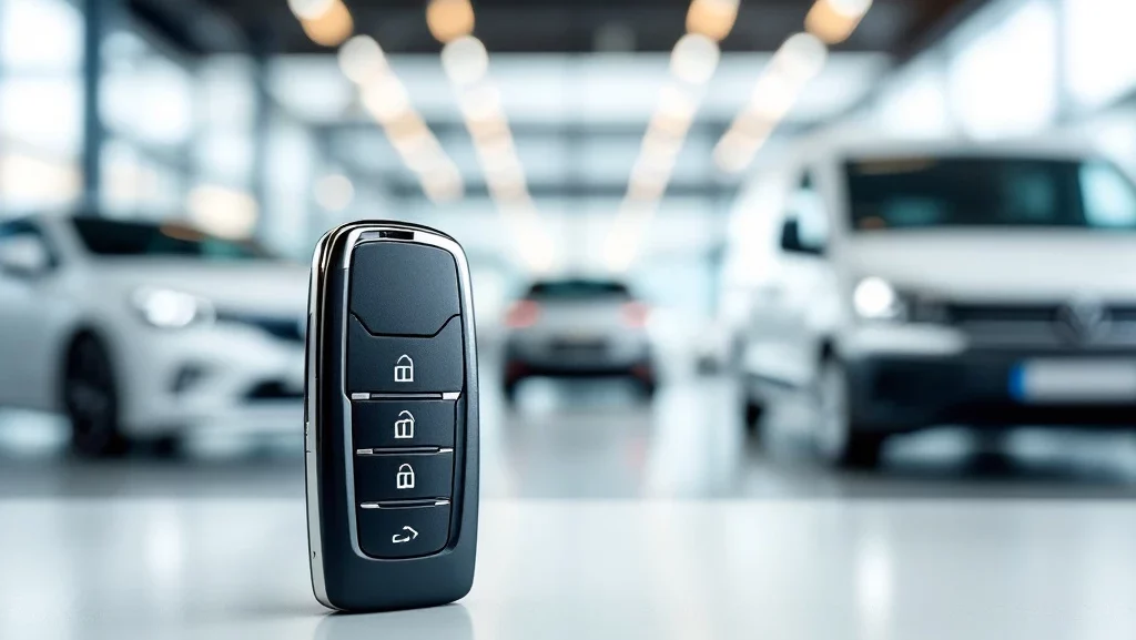 Moderne autosleutel op witte ondergrond met diverse voertuigen op achtergrond in autoshowroom met professionele verlichting