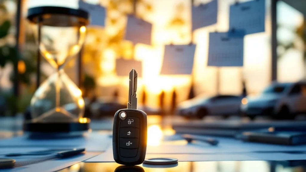 Moderne autosleutel met Select Car Lease branding op glazen bureau met zandloper, kalender en voertuigsilhouetten op achtergrond