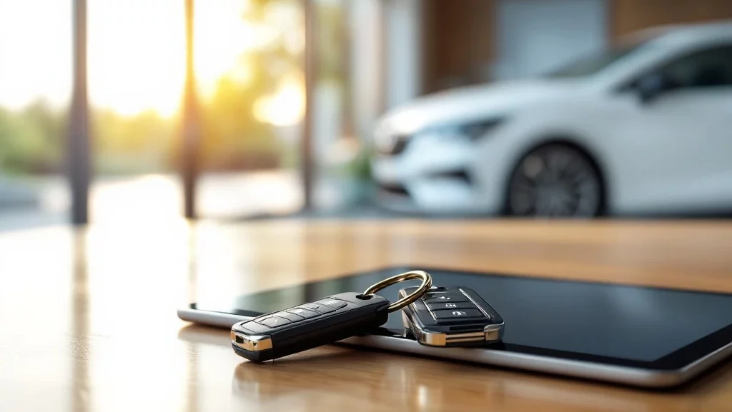 Moderne autosleutels op houten bureau naast tablet met digitaal contract, witte sedan op achtergrond, autolease concept